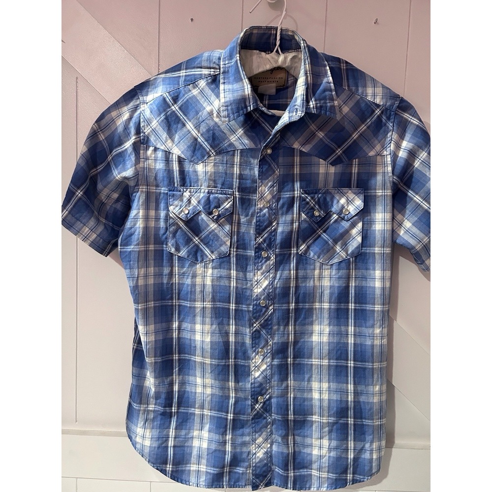 Wrangler Western Pearl Snap Shirt Blue White Plaid‎ SSleeve Button Up